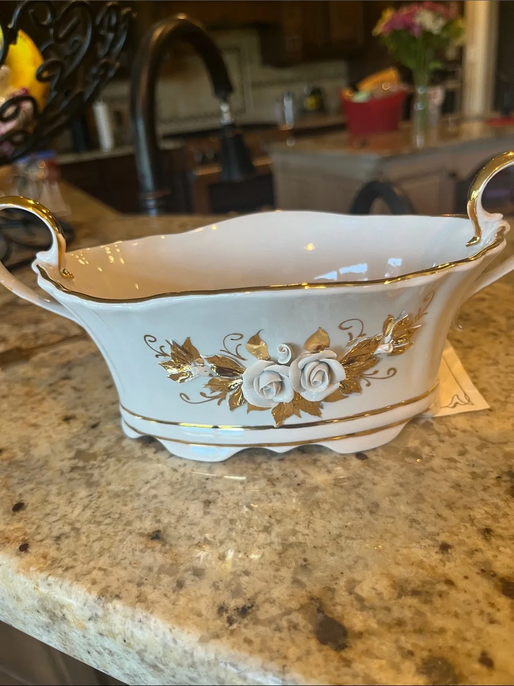 FENIX White and Gold Porcelain Decorative Serving Bowl with Handles